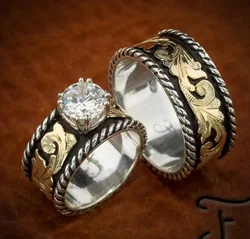 Unisex Fashion New Retro Style Ring Ethnic Style Two-color Pattern Painting Couple Set Ring Wedding Ring Whole Sale