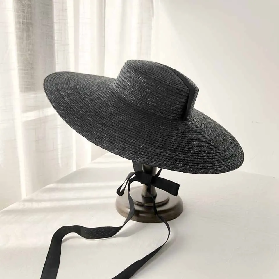 Large Brim Wheat Straw Hat Summer Hats For Women 10cm/15cm/18cm Brim With Black&White Ribbon Beach Cap Boater Flat Top Sun Hat