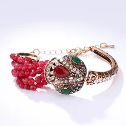 Wbmqda Luxury Red Natural Stone Bracelet Antique Gold Color Crystal Vintage Bracelets For Women Christmas Gift Turkish Jewelry