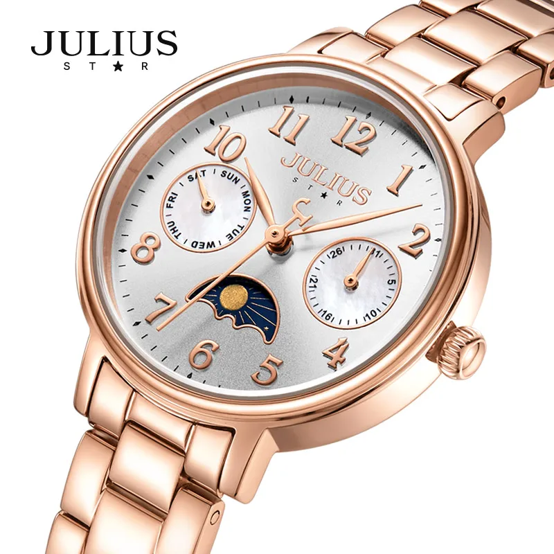 Julius JS-047 Women's Luxury Sapphire Crystal Watch Moonphase miltifuctional Staineless steel Watch With Free Bangle