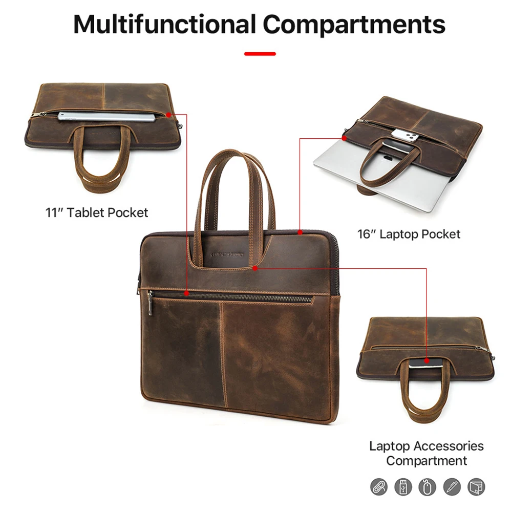 Malas de Grande Capacidade para Homens, 100% Couro Genuíno, Bolsa Casual Masculina, Bolsa para Laptop, Pasta para Computador Notebook, Macbook Pro