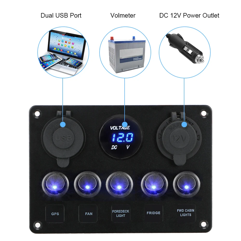 LEEPEE 12V LED Waterproof Toggle Rocker Switch Panel Dual USB Port Outlet Combination Digital Voltmeter for Car Marine RV Ship