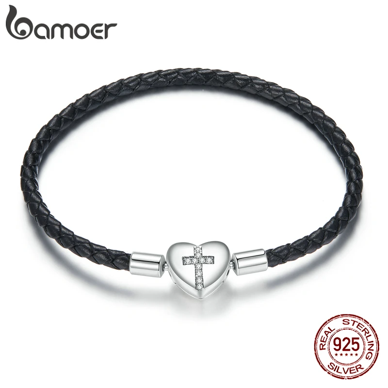 bamoer Silver Black Cross Bracelet 925 Sterling Silver Basic Leather Chain Bracelets for Women Engagement Jewelry Gift SCB205