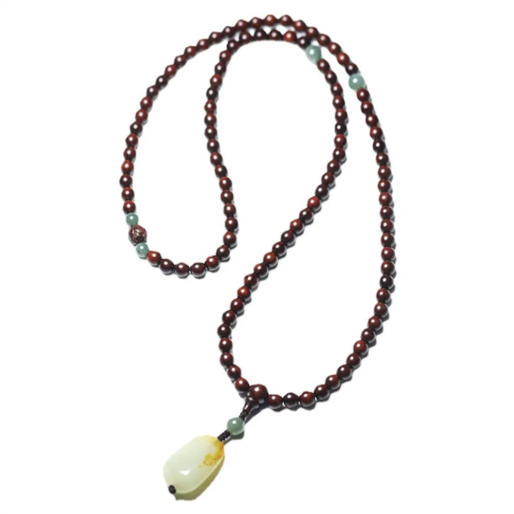 108 Small Leaf Red Sandalwood Multi-circle Beaded Bracelets Hetian Jade Pendant Green Agate Men Women Rosary Sweater Chain