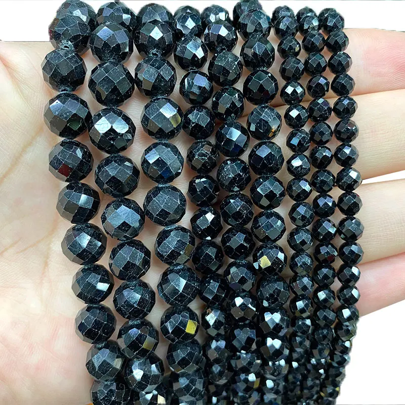 

YWROLE 100% Natural Black Tourmaline Faceted Round Stone Beads For Jewelry Making DIY Bracelet Necklace Earrings 6/8/10MM