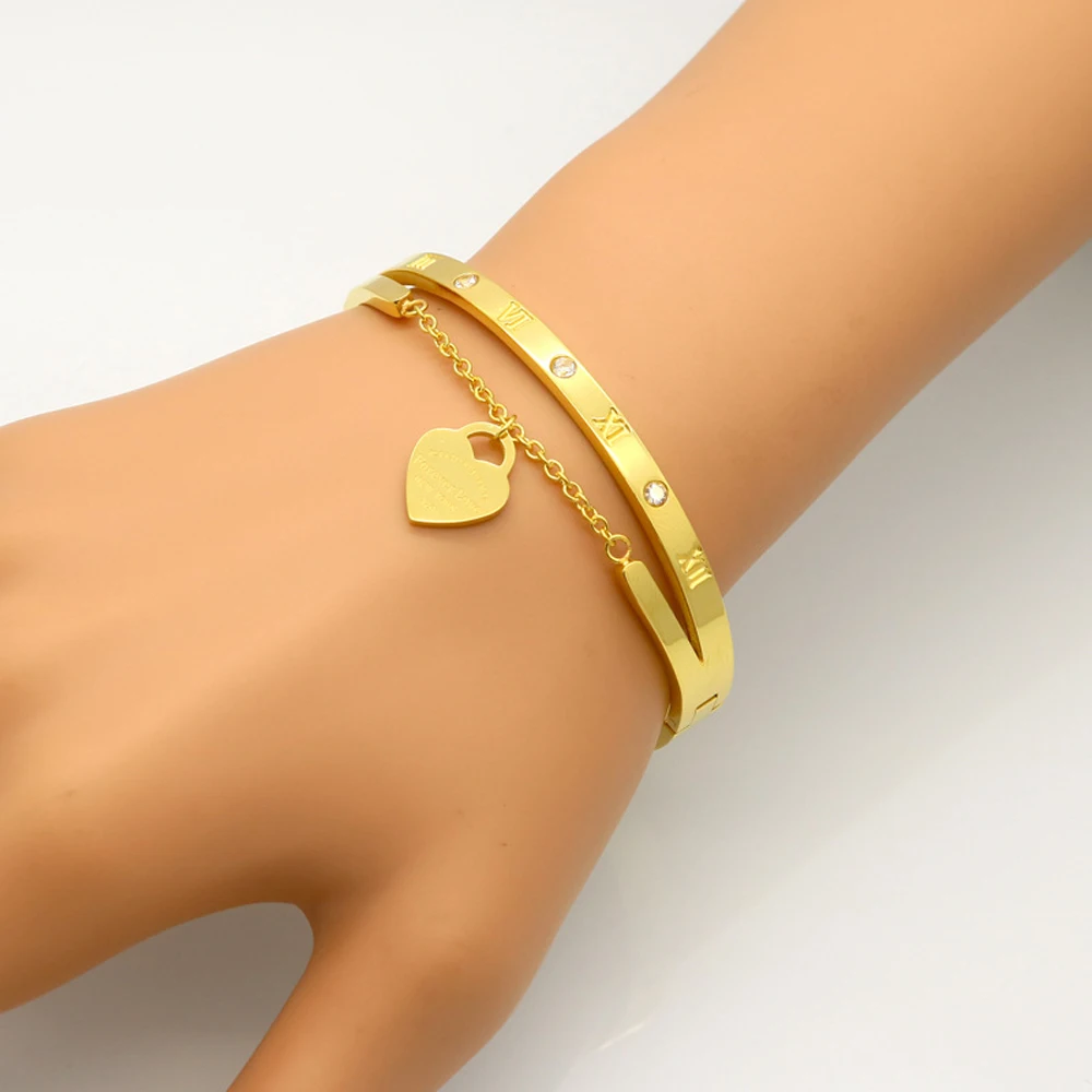 Drop Shipping Fashion Gold/Rose Gold-Color Crystal Heart Charm Bracelets Wrap Cuff Bangles For Women Jewelry Valentine Gift