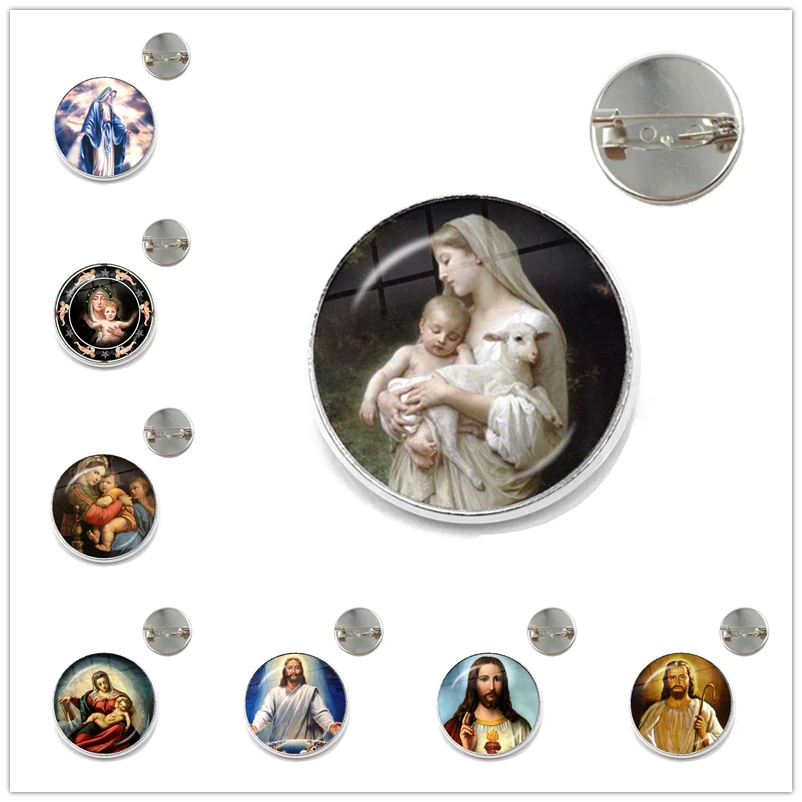 New Fashion Jesus Brooches for Women Men Jesus Christian Virgin Mary Glass Cabochon Dome Pin Broches Jewelry Gift