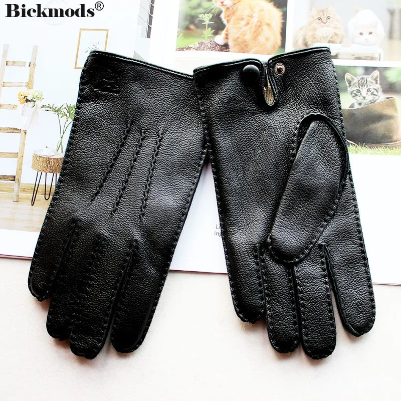 Deerskin Gloves Men's Touch Screen High-Quality Leather 2023 New Hand-Stitched Thin Wool Lining Keeps Warm in Autumn and Winter