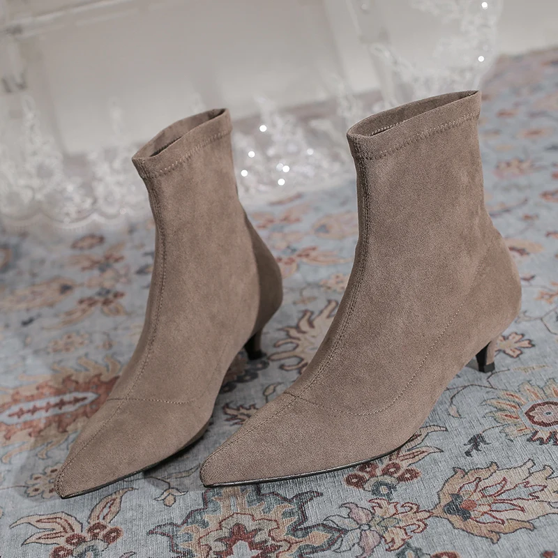 2022 Winter INS Luxury Women Low Heels Stretch Fabric Suede Sock Boots Brand Female Kitten Heels Flock Ankle Boots Party Shoes