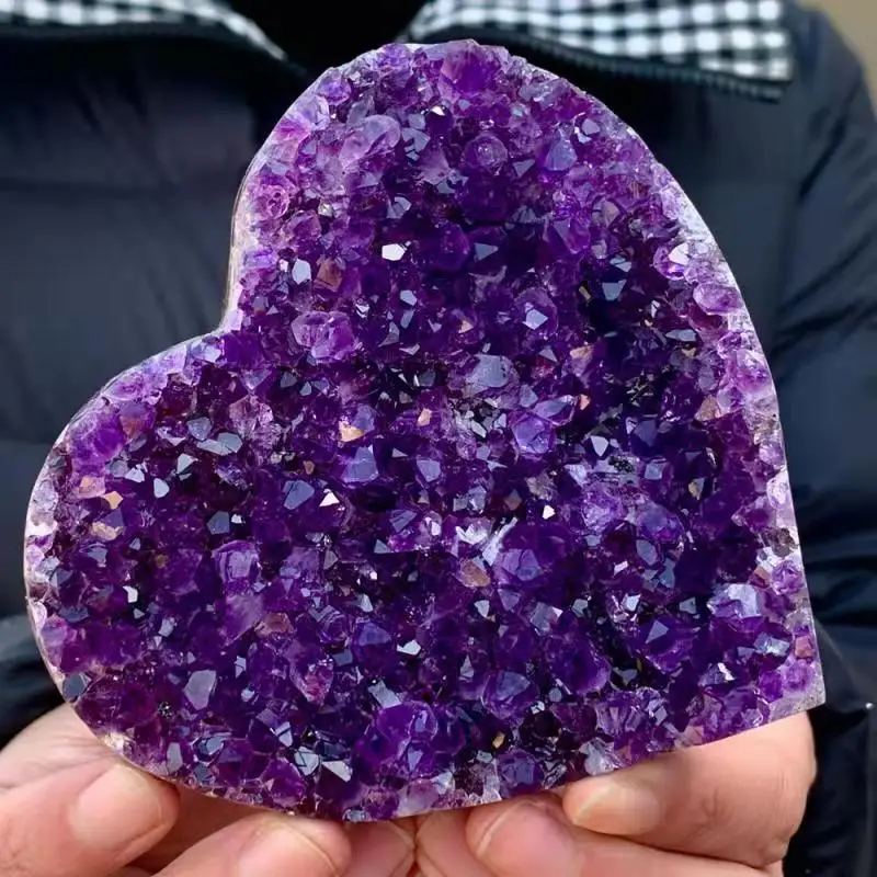 Natural Purple Crystal Cluster Heart-Shaped Energy Gem Home Office Decoration Mineral Degaussing Spiritual Healing