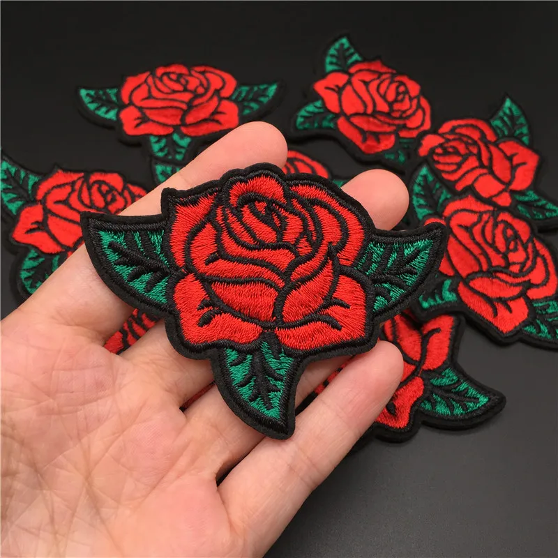 1PCS Rose Size: 6.1x6.0cm Iron on Patch for clothes Embroidery Badge Diy Sewing on Sticker Flower Applique Stripe for Clothing