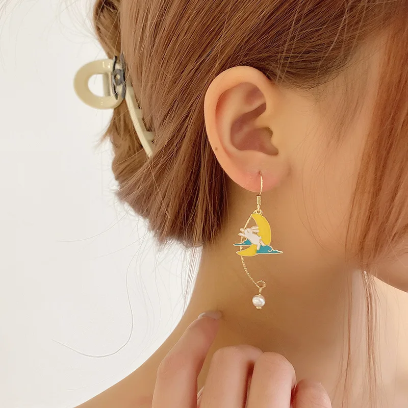 Koreanische neue süße geometrische Tropfenohrringe für Frauen, niedliche Katze, Kaninchen, Stern, Mond, asymmetrische baumelnde Ohrringe, Geschenk für Schmuck. – Detail 18