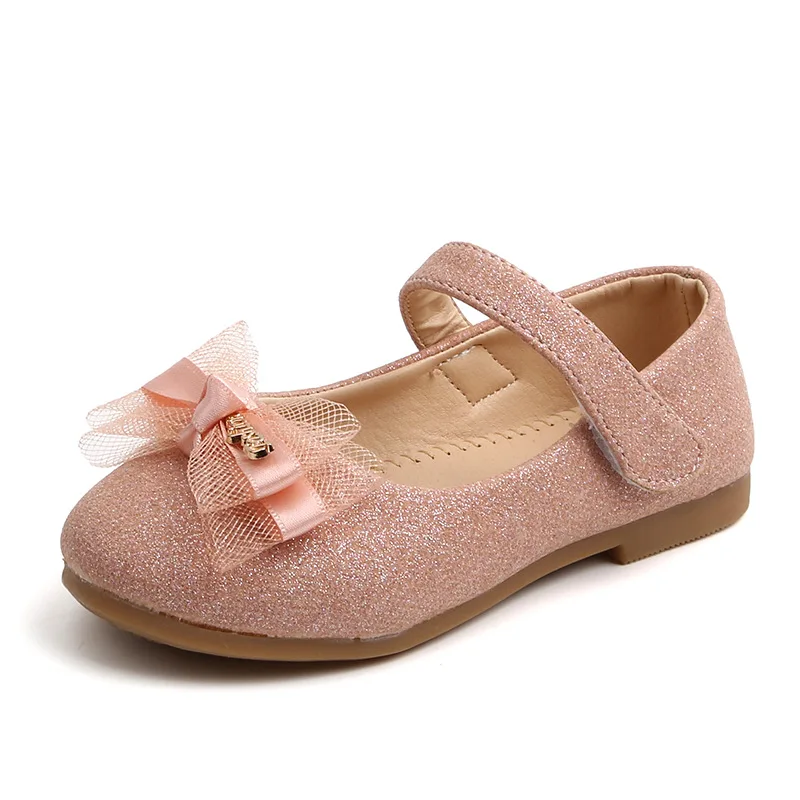 Kids Flats For Girls Shoes Toddlers Little Girl Children Dress Shoes Glitter Leather With Lace Bow-knot Princess Wedding Shoes