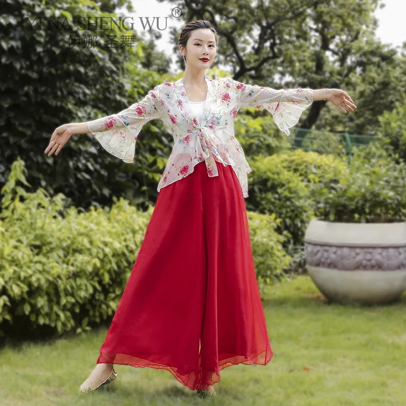 

Professional Classical Dance Costume Women Mesh Modern Dance Dress Printing Blossom Shirt Flowy Pant Chinese Practice Dance Wear