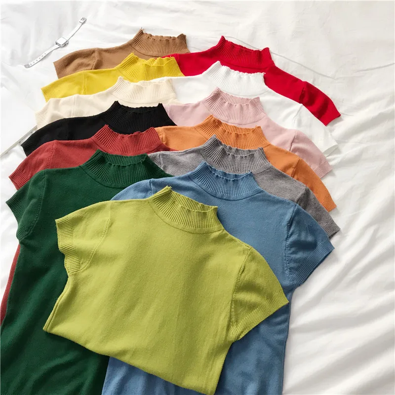 Women Half Turtleneck Short Sleeve Solid Soft Sweater Shirts 2020 Spring Girls Knitting Large Elastic Sweaters Pullovers Tops