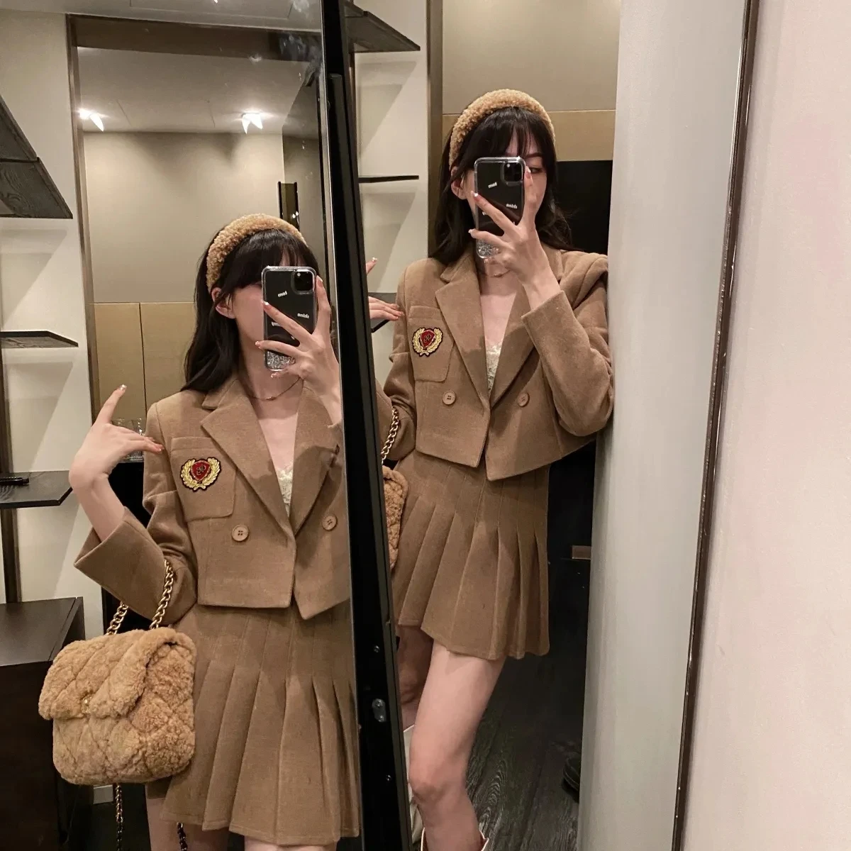 Elegant Autumn Woolen Blazer Sets Women Office Suits with High Waist Pleated Skirt Korean Set Woman 2 Pieces College Skirts Chic