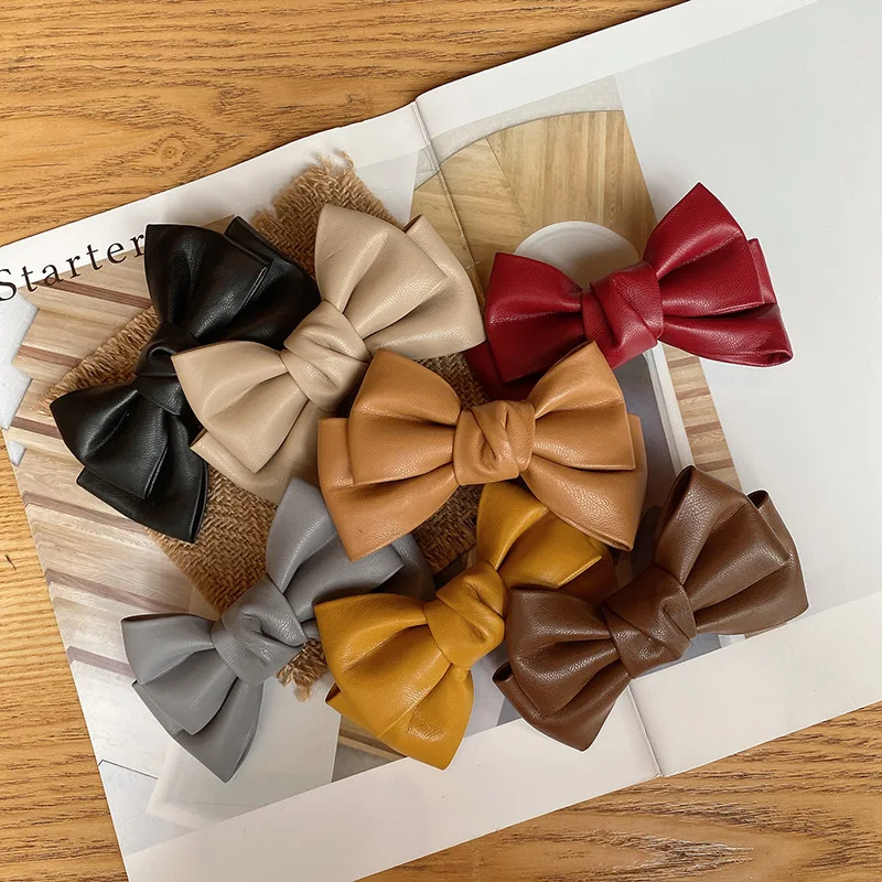 PU Leather Big Bowkont Hair Clips Hairpins Women Girls Bow Spring Clips Barrettes Hairgrips High Quality Hair Accessories Winter