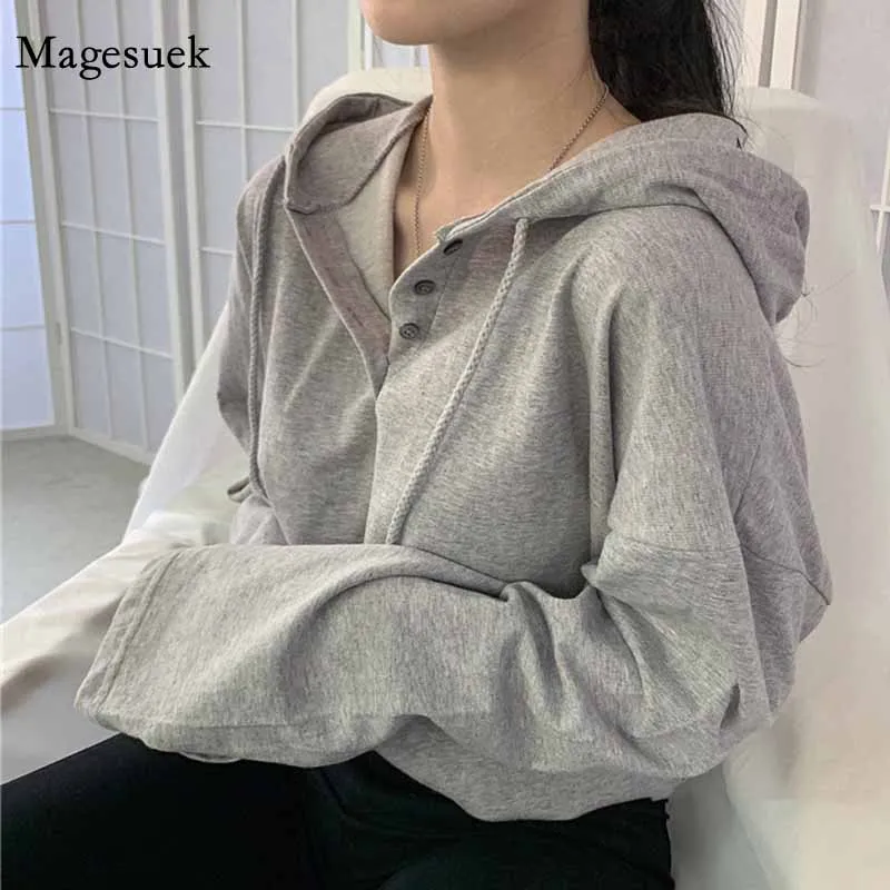 Solid Pullover Cotton Sweatshirts Autumn Korean Style Hedging Button Loose Hoodies Women All-match Long Sleeve T-shirts 11541