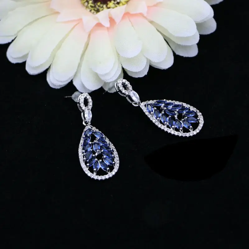 Natural Blue Cubic Zirconia Drop Earrings 925 Sterling Silver Bridal Jewelry Long Earring For Women