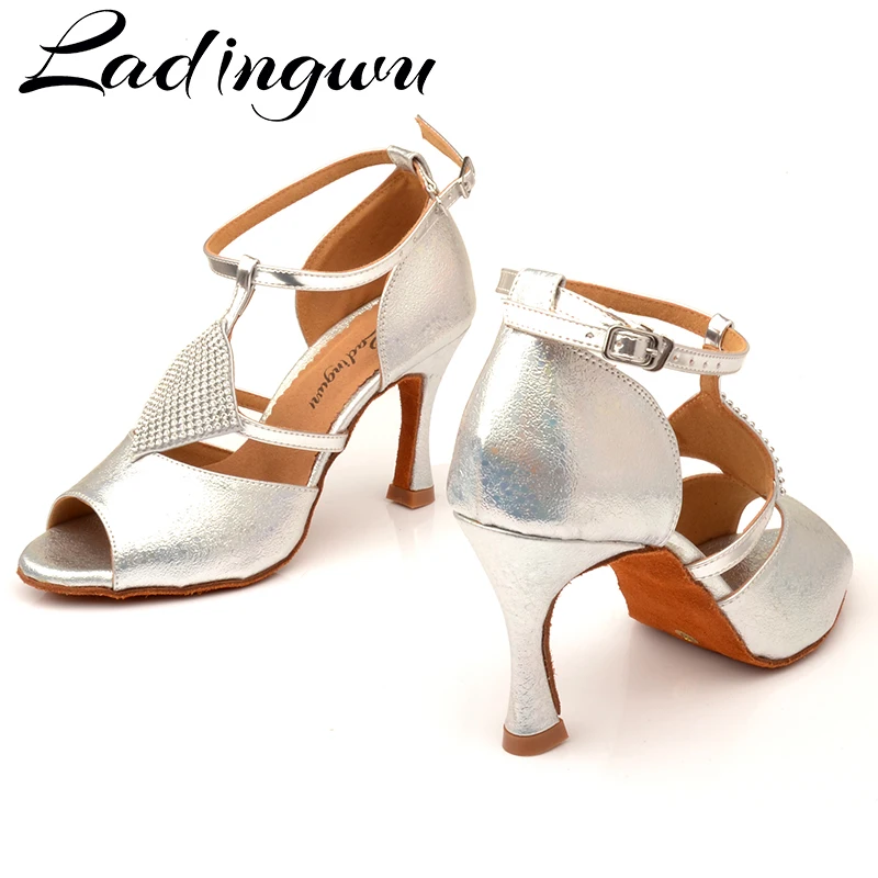 Ladingwu Dance Shoes Latin Women Elegant design Salsa Dance Shoes Silver texture PU Ballroom Dance Shoes Sotft Bottom Sandals