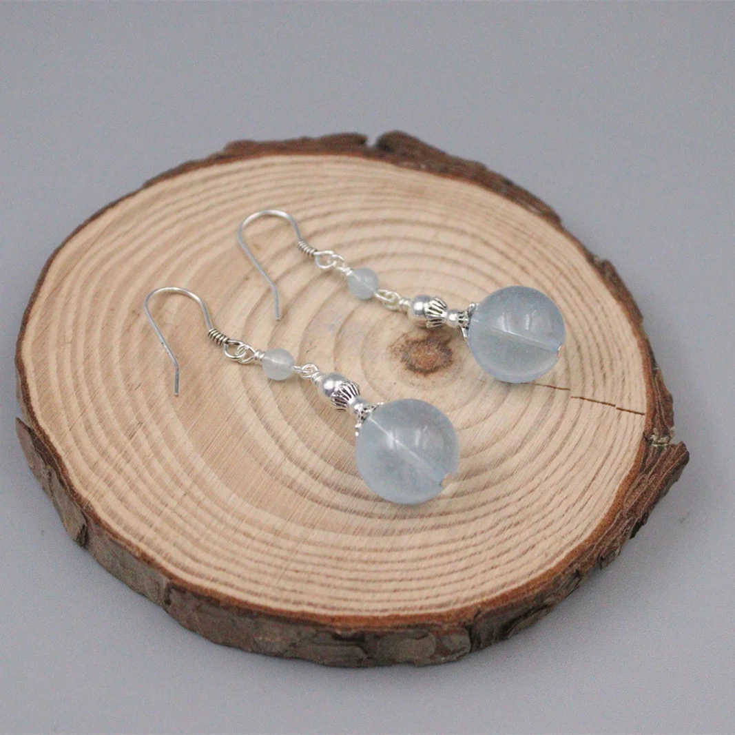 Vintage S925 Sterling Silver Earrings Drop Dangle Aquamarine Round Ball Earrings