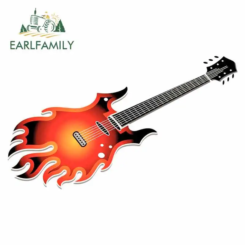 EARLFAMILY 13cm x 9.8cm Flaming Electric Guitar Car Stickers Vinyl JDM Bumper Trunk Truck Graphics Waterproof Anime Fine Decal