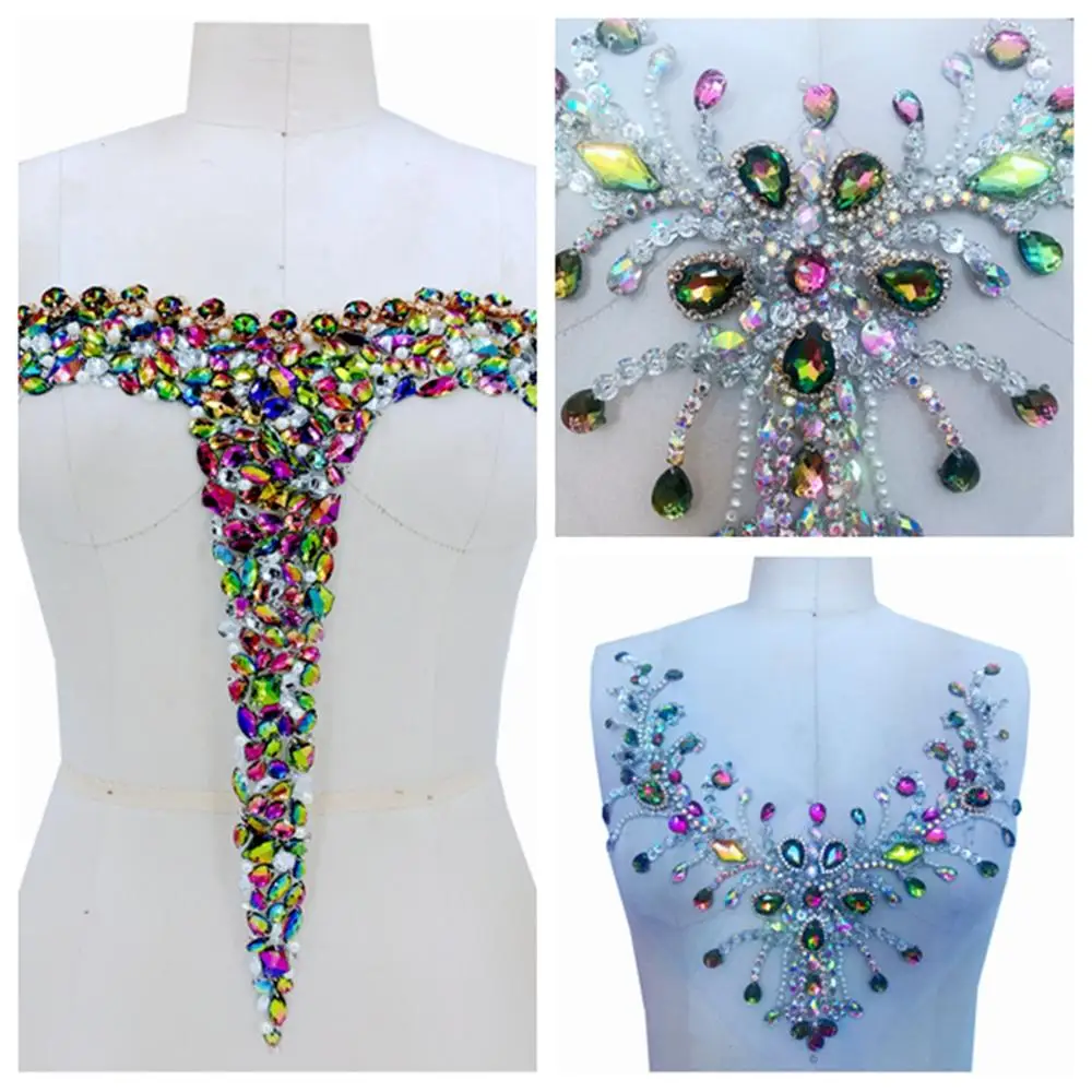 Handmade multicolored rhinestones applique sew on trim patches for dress accessory