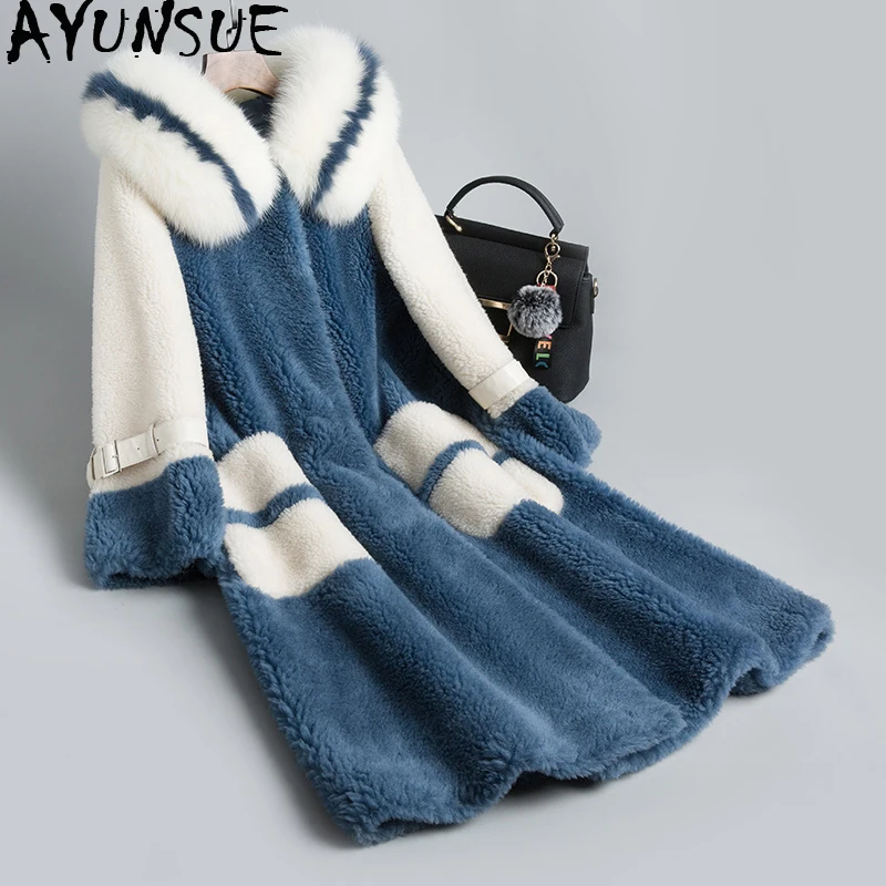 

AYUNSUE Women Sheep Shearing Coats Real Wool Fur Coat Natural Fox Fur Collar Hooded Long Warm Winter Female Jacket 2020 SY125