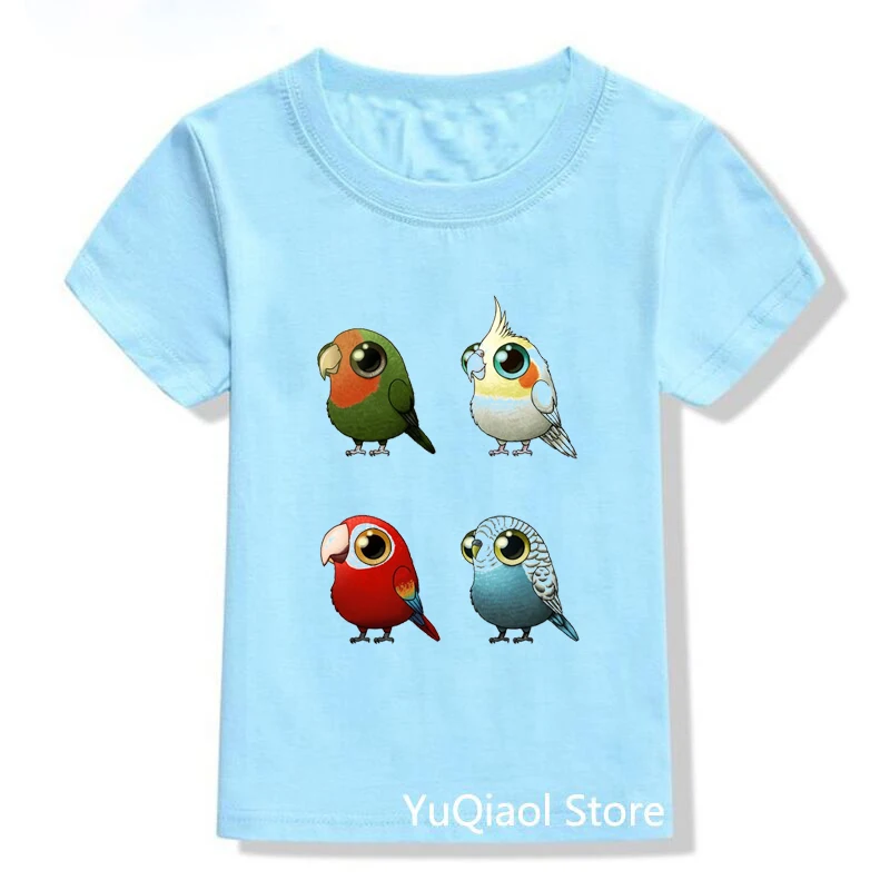 High Quality Boys Blue Tshirts Cute Cockatiels/Parrots/Flamingo Birds Print Funny Graphic T Shirts Summer Child T-Shirts Unisex