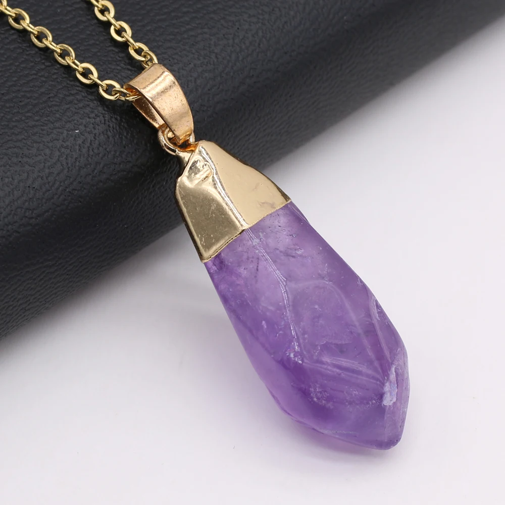 5PCS Wholesale Reiki Healing Natural Stone Rough Amethyst Pendant Necklace For Women Jewelry Fashion Necklaces Charm Gift