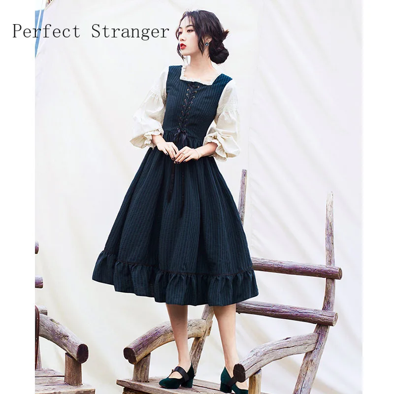 High Quality Princess Style  2021  Autumn Winter New Arrival Square Collar Lantern Sleeve  Woman Long Cotton  Dress