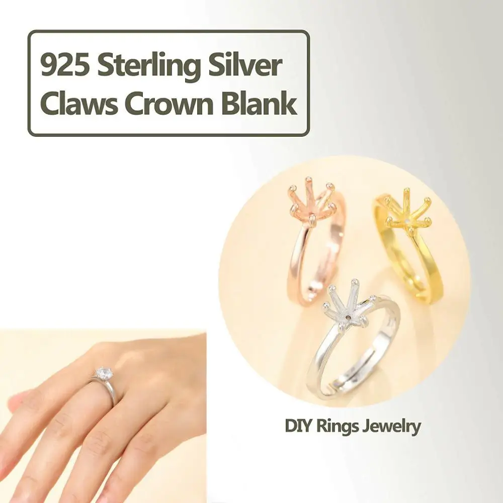 925 Sterling Silver Adjustable Ring Blanks for 4.5/5.5/6.5mm Round Stones 6 Claws Claw Ring Base Cabochon Setting for Women