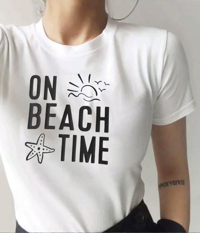 

seaport YF ON BEACH TIME Ocean Graphic Tee Beach Style Casual Funny Loose Hipster Summer Fashion White O Neck Women Tee T-Shirt