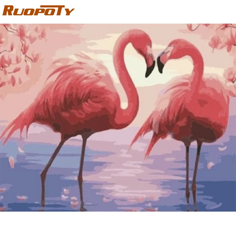 

RUOPOTY Frame Diy Painting By Numbers Flamingo Animals Kit Canvas Picture By Numbers Hand Painted For Home Decoration Gift Arts