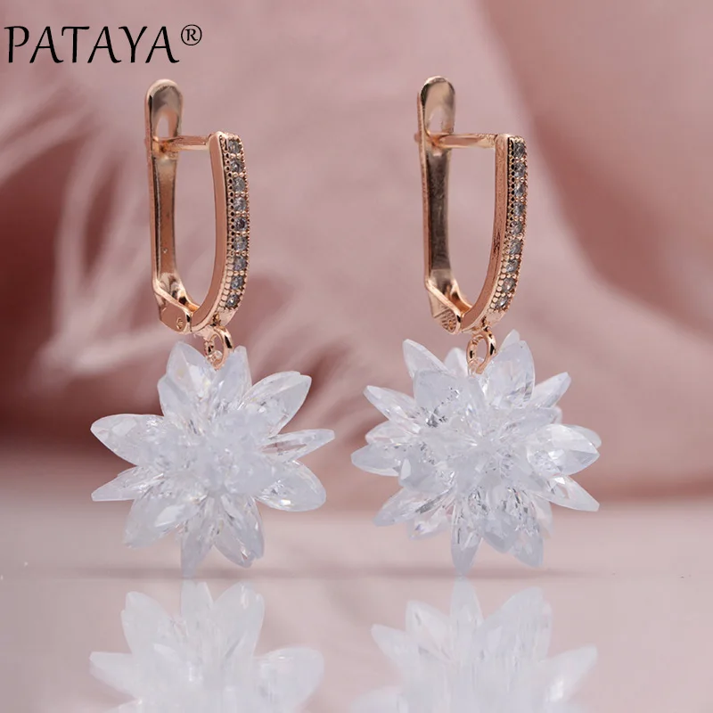 PATAYA New 585 Rose Gold Color Micro-wax Inlay Manual Ball Natural Zircon Long Drop Earrings Women Wedding Luxury Fine Jewelry