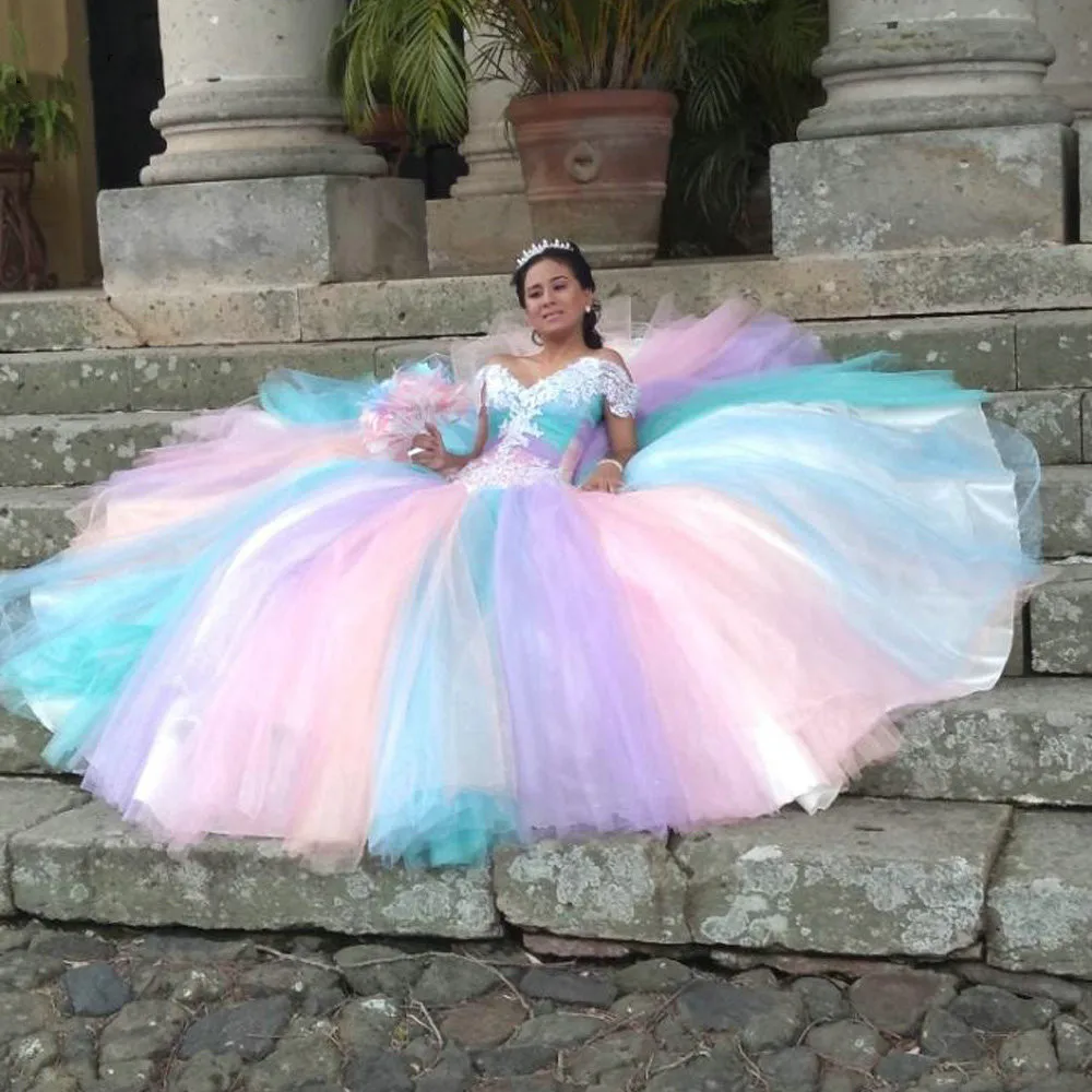 Robe De bal en Tulle scintillante arc-en-ciel, à épaules dénudées, en dentelle, avec des Appliques, robe De fête, pour 15 ans, 16 ans