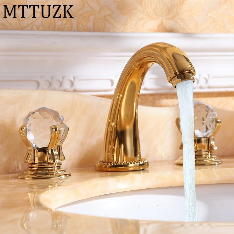 

MTTUZK 3 piece Set Wash Basin Mixer luxury high quality brass gold plating crystal handle basin faucet 3 hole sink faucet