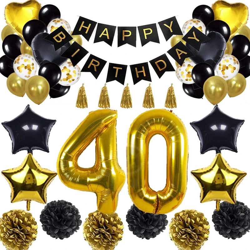 Happy Birthday Party Decoration Banner Black Golden Balloon Celebration Suit For Adult Big Size 30/40/50/70 Foil Helium Ballons