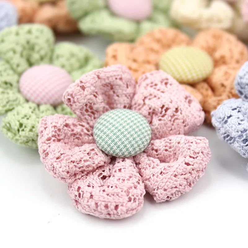 10Pcs 3.5cm Handmade Lace Fabric Flowers Padded Appliques For Crafts Baby\'s Headwear Hairpin Decor Ornaments Accessories