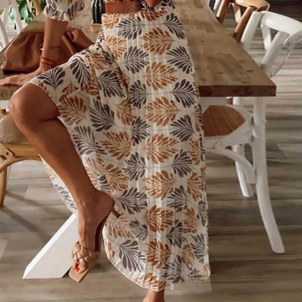 Summer Beach Women Casual artystyczne krótkie rękawy luźna, wysoka talia sukienka z nadrukiem styl boho, nadruk, plisowana konstrukcja, pasek zawiera