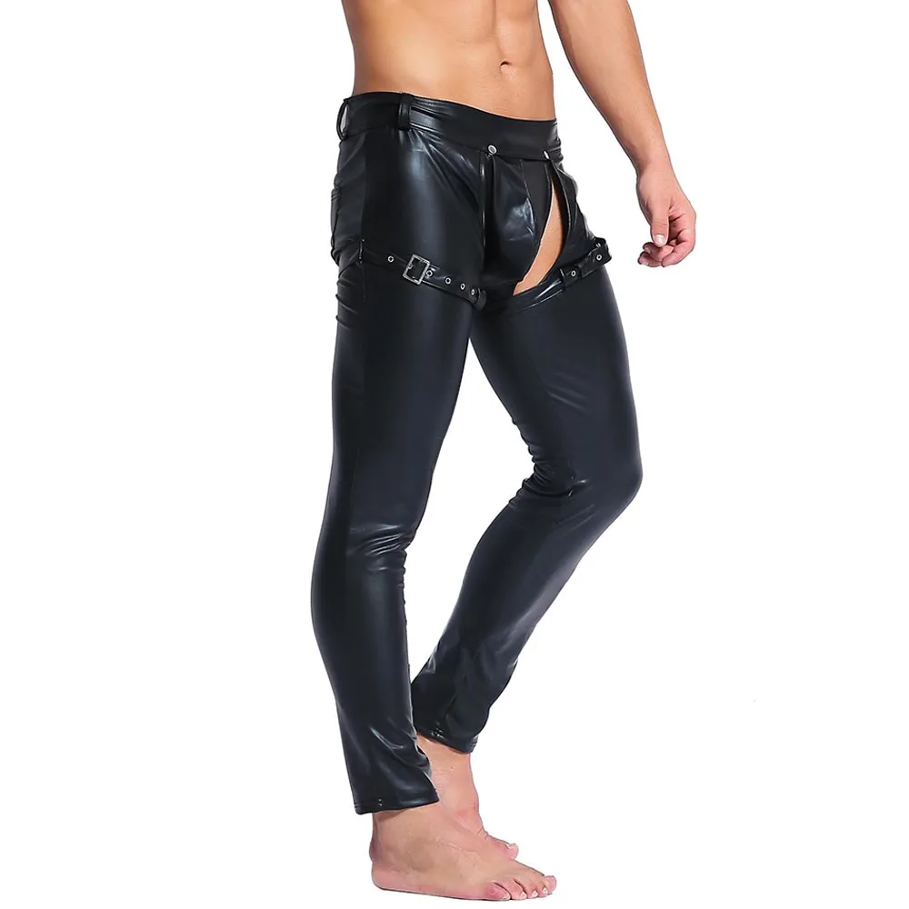 Pantalones ajustados de piel sintética para hombre, mallas sexys para discoteca, cuero PU, bailarina negra, pantalones largos con frente abierto