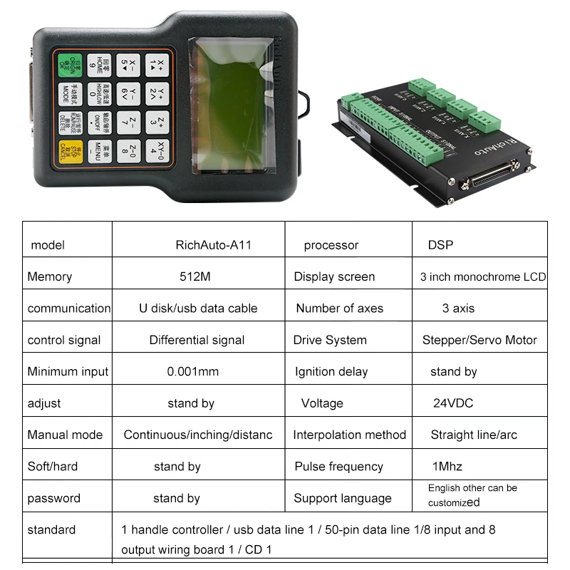 Richauto DSP A11 CNC 컨트롤러 CNC 라우터 조각 제어 시스템 용 3 축 USB 모션 컨트롤러 원격 제어
