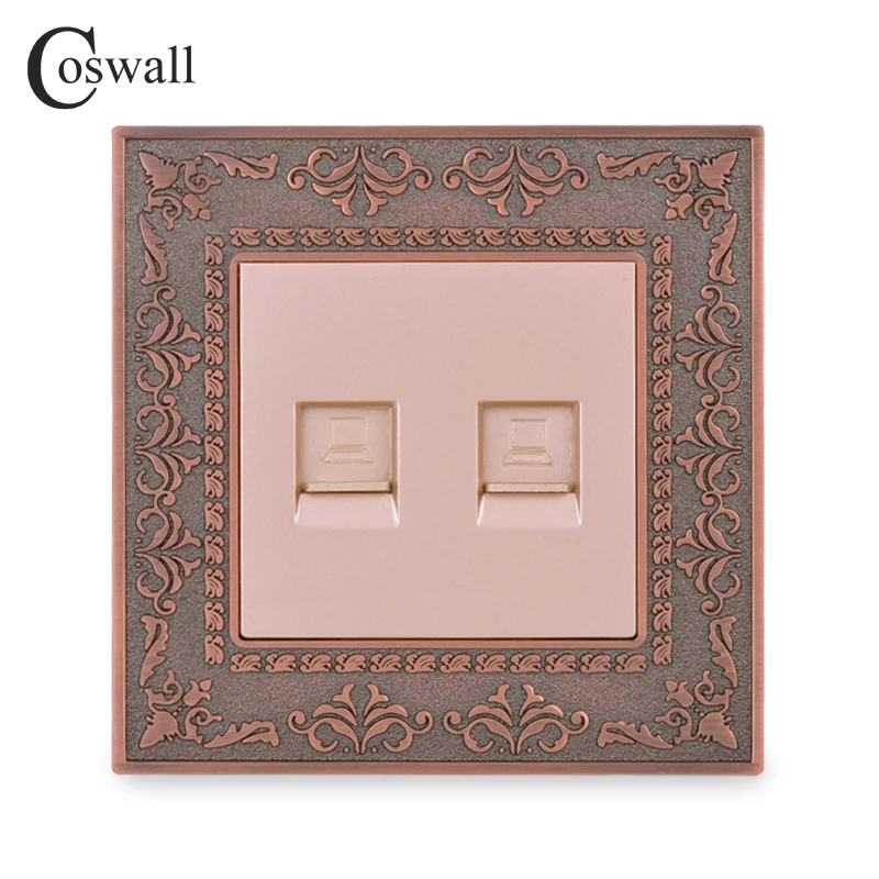 Coswall Red Bronze Retro Zinc Alloy Metal Panel Gold Wall Socket 2 Gang CAT5E RJ45 Internet Data Computer Connector