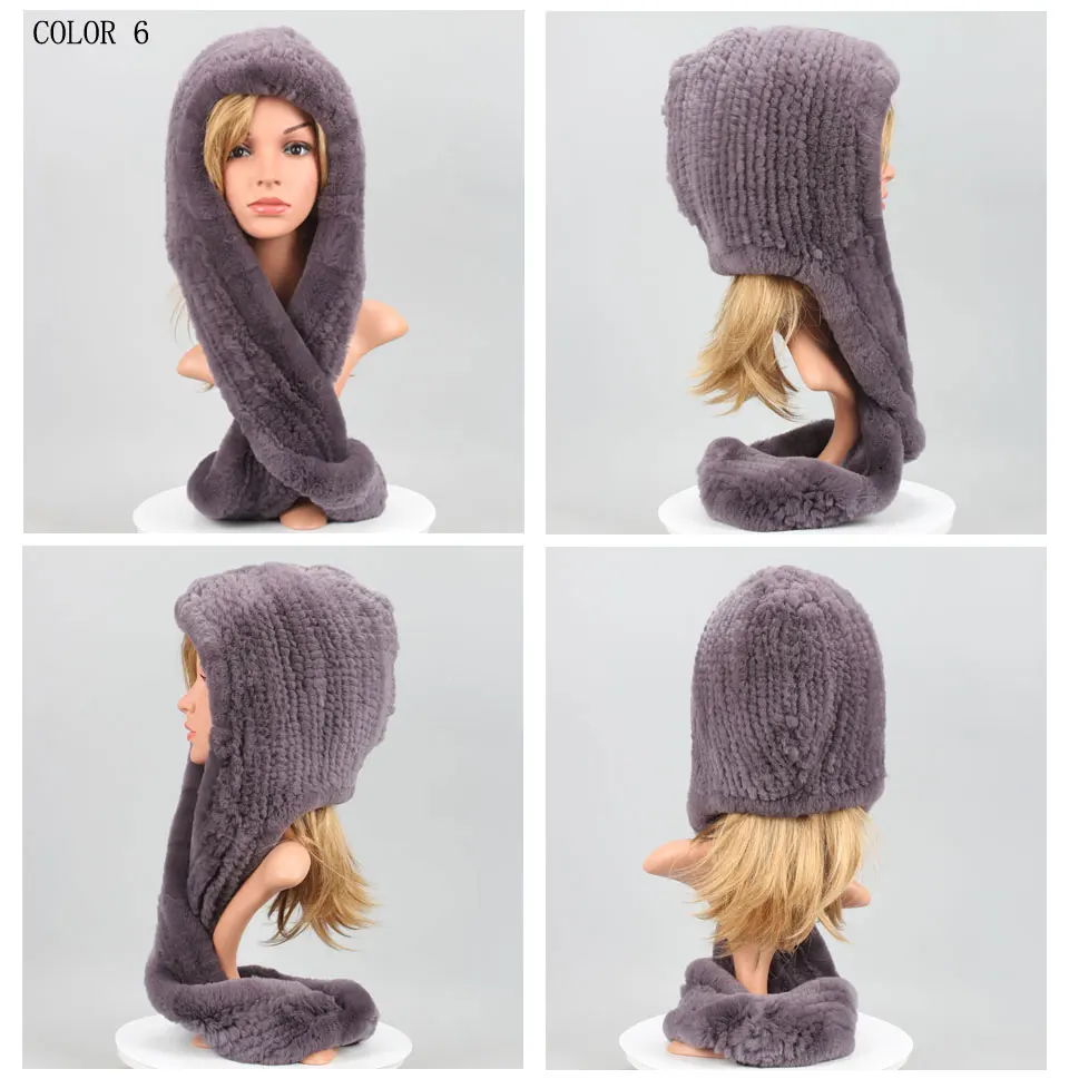 Frauen Gestrickte Echte Rex Kaninchen Pelz Hut Mit Kapuze Schal Winter Hüte für Frau Herbst Kappe Warme Natürliche Pelzmütze mit Hals Schals Bonnets – Detail 11