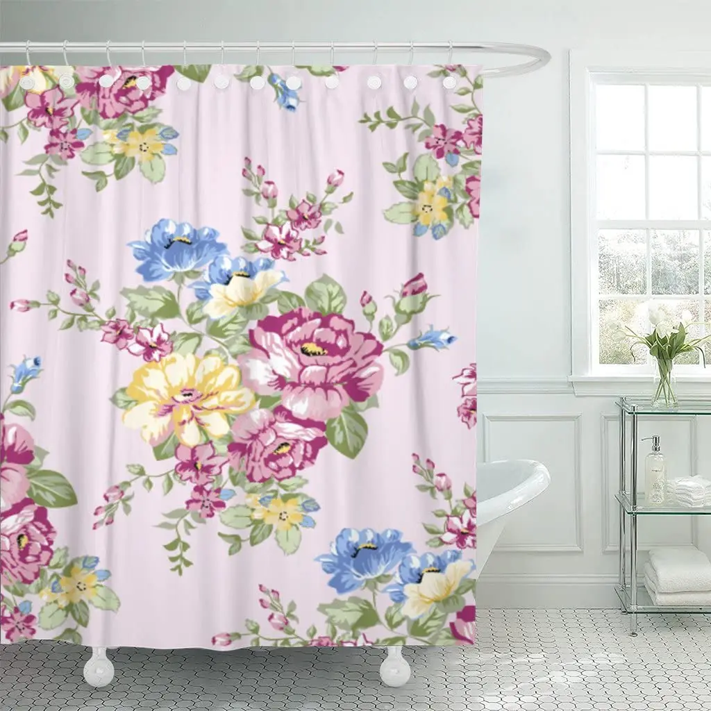 

Floral Blooming Rose Vintage Antique Flower Pattern Lace Shower Curtain Waterproof Fabric 60 x 72 Inches Set with Hooks