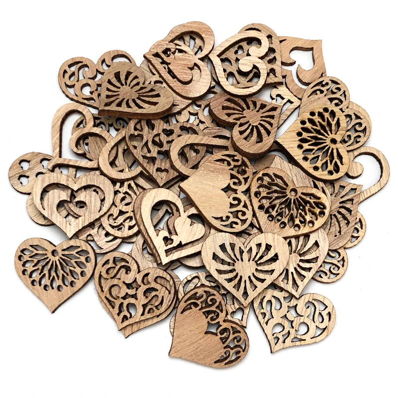 50pcs Heart Natural Wood Chips Openwork Wooden DIY Crafts Scrapbook Embellishments Hanging Ornaments Wedding Party Decor