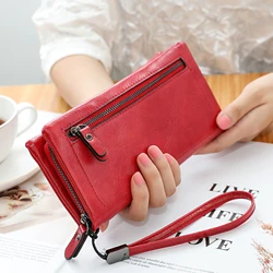 Cartera de PU con doble cremallera para mujer, bolso de mano largo de gran capacidad, monedero de moda, bolso para teléfono, más colores