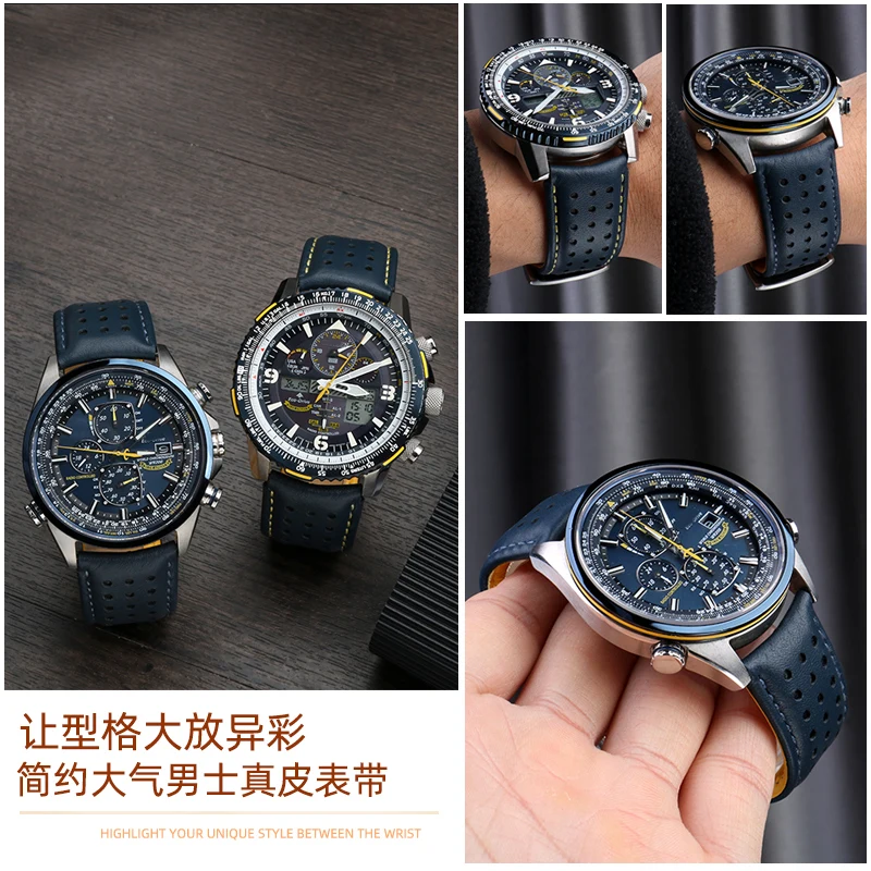 นาฬิกาหนังแท้สำหรับ Citizen Blue Angel รุ่น AT8020-54L/JY8078รุ่นที่สอง Air Eagle Cowhide 22 23มม.