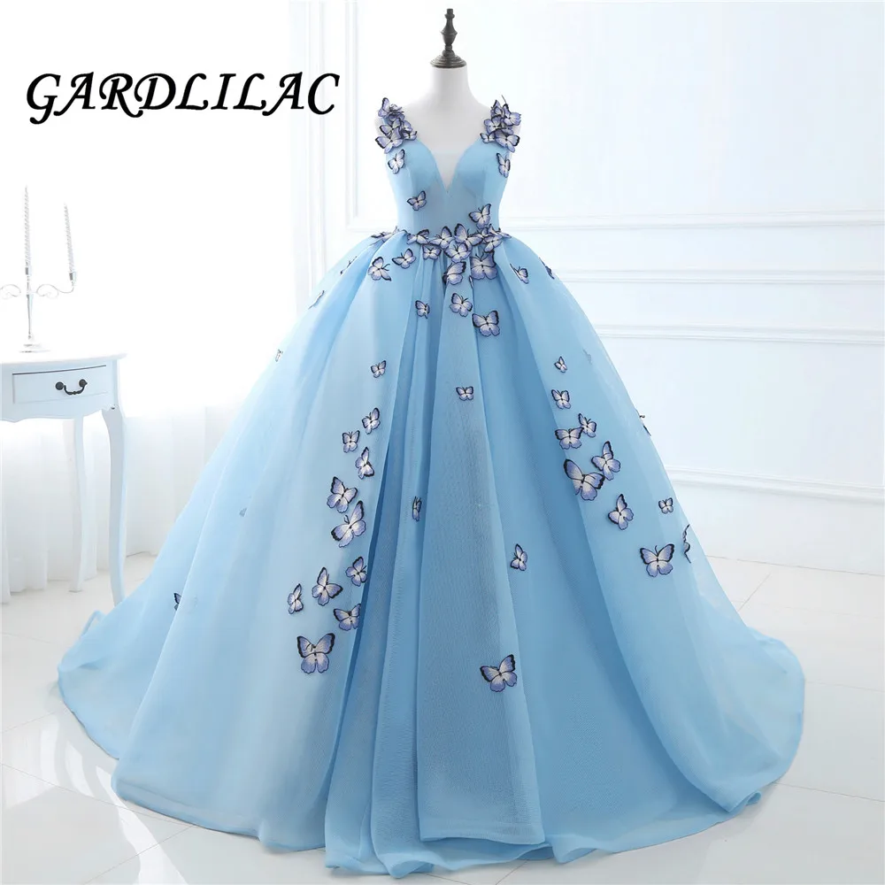 Vestido de baile azul con cuello en V, quinceañera, mariposa 3D, cuentas, largo, Formal, para baile de graduación