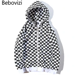 Bebovizi Mens Harajuku Hip Hop felpa con cappuccio con Zip felpa con cappuccio scozzese a scacchiera bianca nera Streetwear felpa con cappuccio Hipster